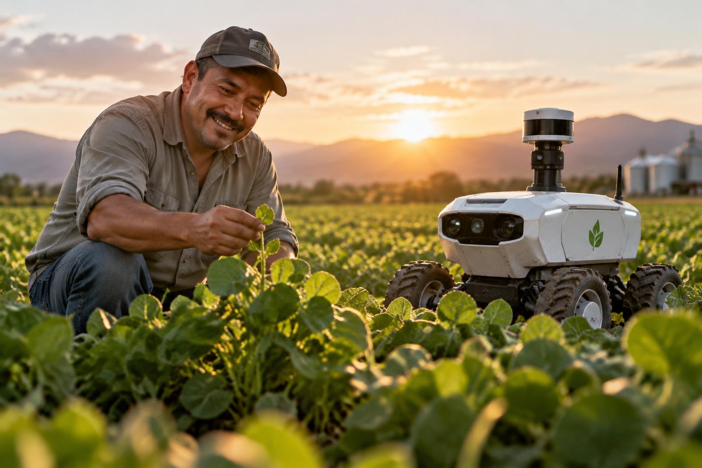 Agricultor revisando su cultivo junto a un robot agrícola